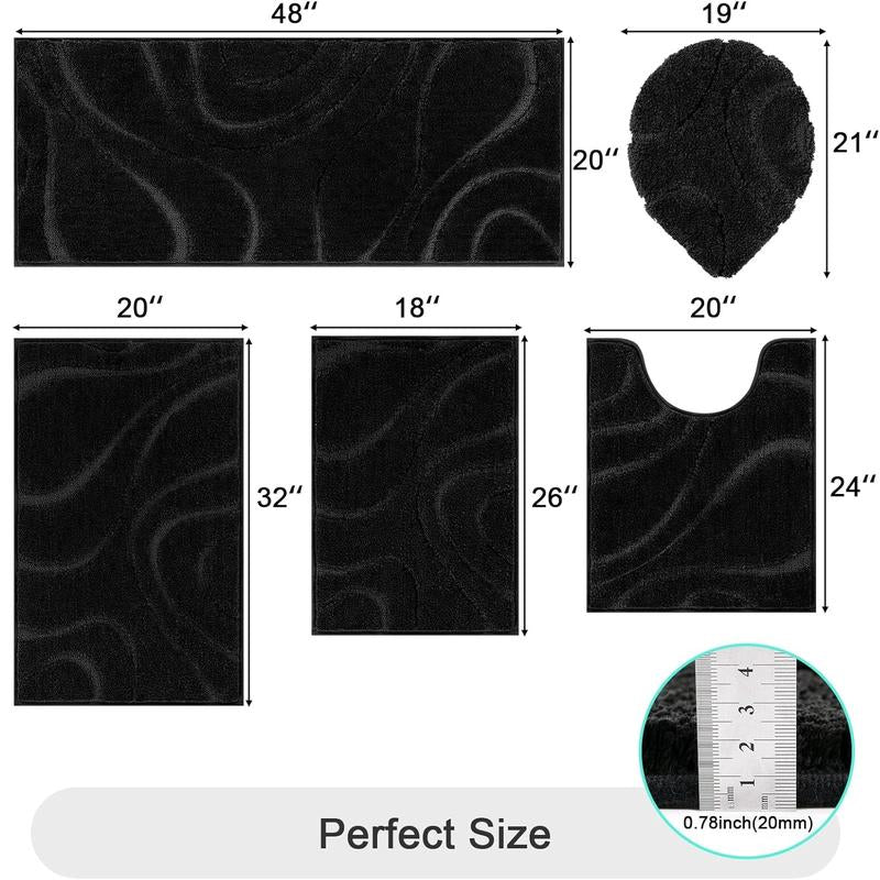[Blackfriday&Cybermonday] HEBE Washable Bathroom Rugs Sets 5 Piece, Soft Absorbent Microfiber Bath Mat for Bathroom, Non Slip Washable Bath Rug Set with Toilet Cover, Bath Runner and U-Shaped Contour Toilet Rug