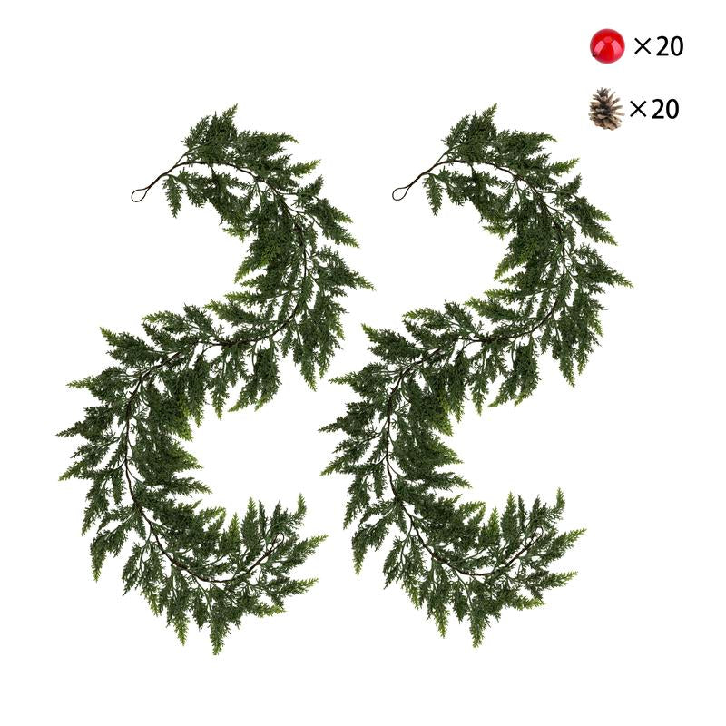 6 FT 2 Pcs Artificial Cedar Garlands Set with Free DIY Accessories – Real Touch Winter Norfolk Pine Garland Wreath, Wooden Decorative Ornaments for Table, Mantel, Wall, Indoor & Outdoor Christmas Decorations, Double the Cheer