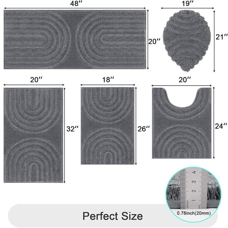 [Blackfriday&Cybermonday] HEBE Washable Bathroom Rugs Sets 5 Piece, Soft Absorbent Microfiber Bath Mat for Bathroom, Non Slip Washable Bath Rug Set with Toilet Cover, Bath Runner and U-Shaped Contour Toilet Rug