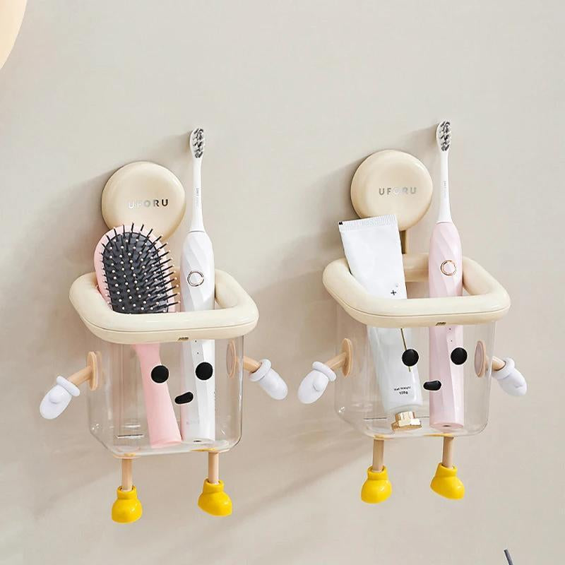 UFORU Wall Mounted Toothbrush Holder, Suction Cup Design Toothbrush Storage Rack, Multifunctional Transparent Container for Bathroom, Bottles, Organizer Wall Decor