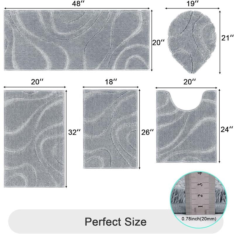 [Blackfriday&Cybermonday] HEBE Washable Bathroom Rugs Sets 5 Piece, Soft Absorbent Microfiber Bath Mat for Bathroom, Non Slip Washable Bath Rug Set with Toilet Cover, Bath Runner and U-Shaped Contour Toilet Rug