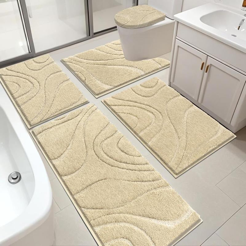 [Blackfriday&Cybermonday] HEBE Washable Bathroom Rugs Sets 5 Piece, Soft Absorbent Microfiber Bath Mat for Bathroom, Non Slip Washable Bath Rug Set with Toilet Cover, Bath Runner and U-Shaped Contour Toilet Rug