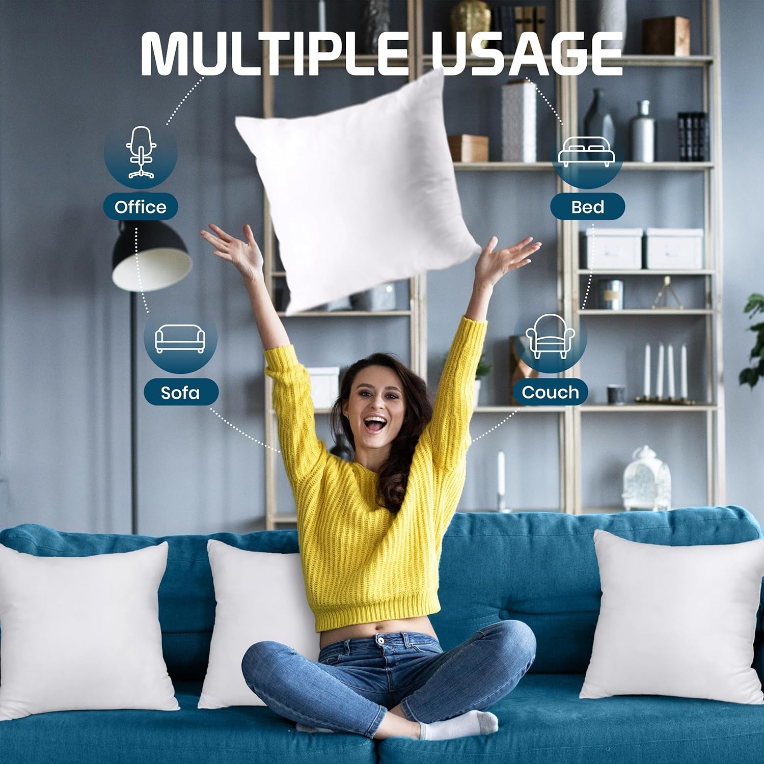 Throw Pillows (Set of 4, White), 18 X 18 Inches Pillows for Sofa, Bed and Couch Decorative Stuffer Pillow