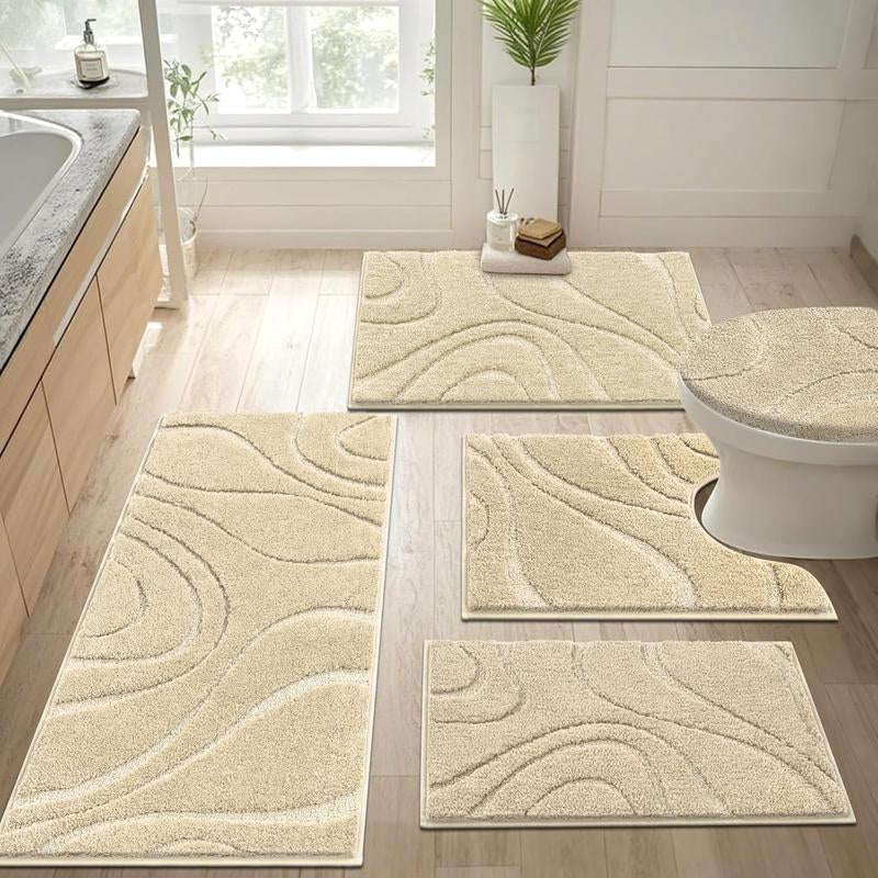 [Blackfriday&Cybermonday] HEBE Washable Bathroom Rugs Sets 5 Piece, Soft Absorbent Microfiber Bath Mat for Bathroom, Non Slip Washable Bath Rug Set with Toilet Cover, Bath Runner and U-Shaped Contour Toilet Rug