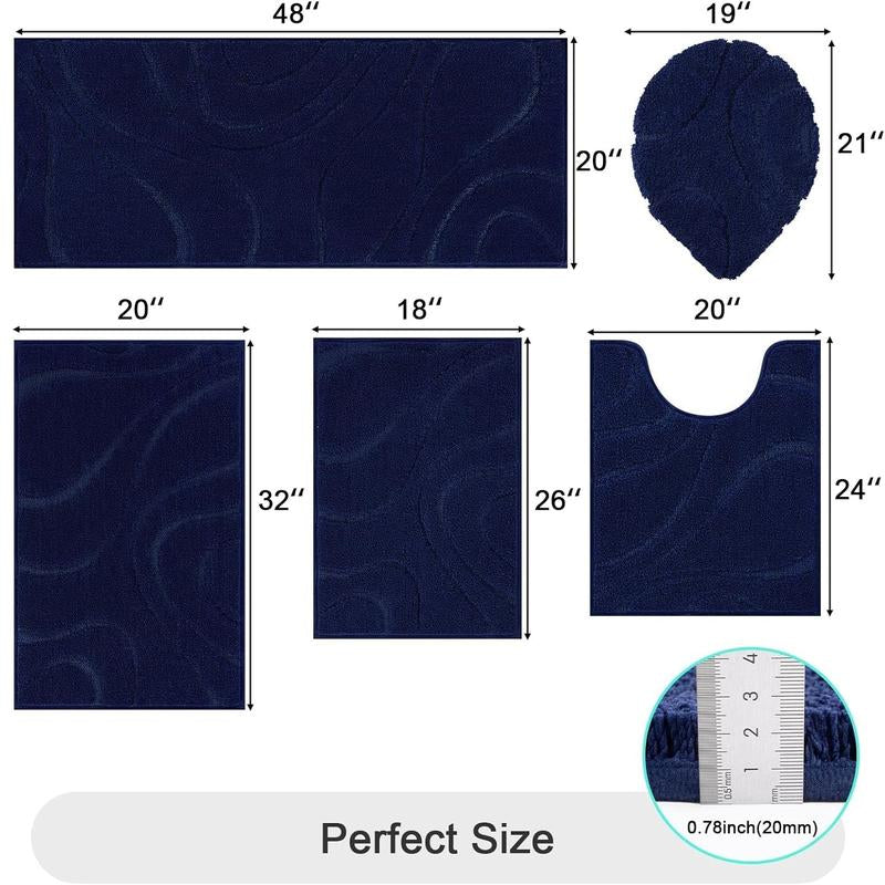 [Blackfriday&Cybermonday] HEBE Washable Bathroom Rugs Sets 5 Piece, Soft Absorbent Microfiber Bath Mat for Bathroom, Non Slip Washable Bath Rug Set with Toilet Cover, Bath Runner and U-Shaped Contour Toilet Rug