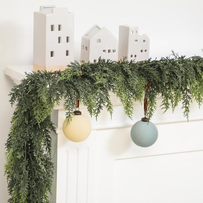 6 FT 2 Pcs Artificial Cedar Garlands Set with Free DIY Accessories – Real Touch Winter Norfolk Pine Garland Wreath, Wooden Decorative Ornaments for Table, Mantel, Wall, Indoor & Outdoor Christmas Decorations, Double the Cheer