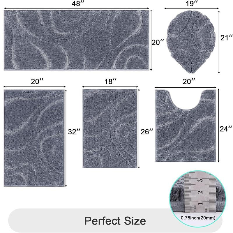 [Blackfriday&Cybermonday] HEBE Washable Bathroom Rugs Sets 5 Piece, Soft Absorbent Microfiber Bath Mat for Bathroom, Non Slip Washable Bath Rug Set with Toilet Cover, Bath Runner and U-Shaped Contour Toilet Rug