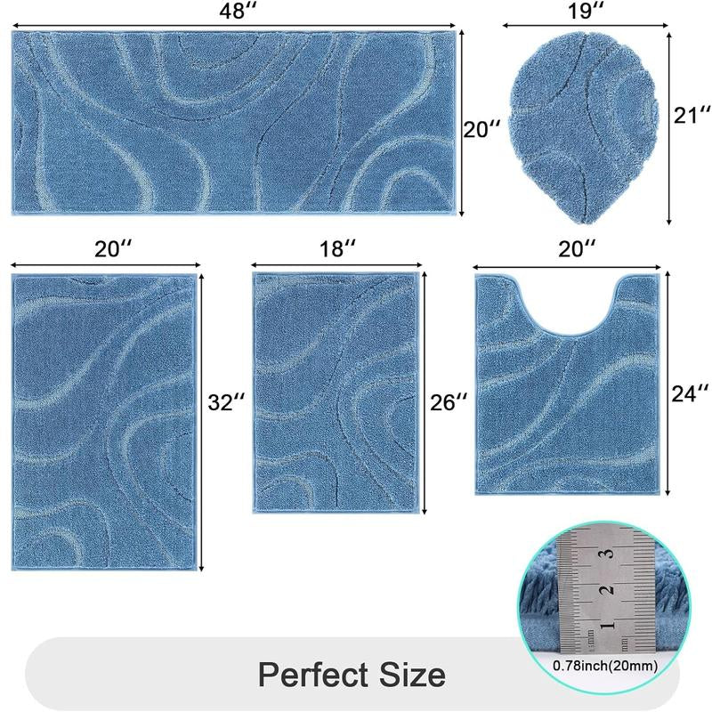 [Blackfriday&Cybermonday] HEBE Washable Bathroom Rugs Sets 5 Piece, Soft Absorbent Microfiber Bath Mat for Bathroom, Non Slip Washable Bath Rug Set with Toilet Cover, Bath Runner and U-Shaped Contour Toilet Rug