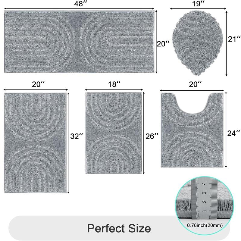 [Blackfriday&Cybermonday] HEBE Washable Bathroom Rugs Sets 5 Piece, Soft Absorbent Microfiber Bath Mat for Bathroom, Non Slip Washable Bath Rug Set with Toilet Cover, Bath Runner and U-Shaped Contour Toilet Rug