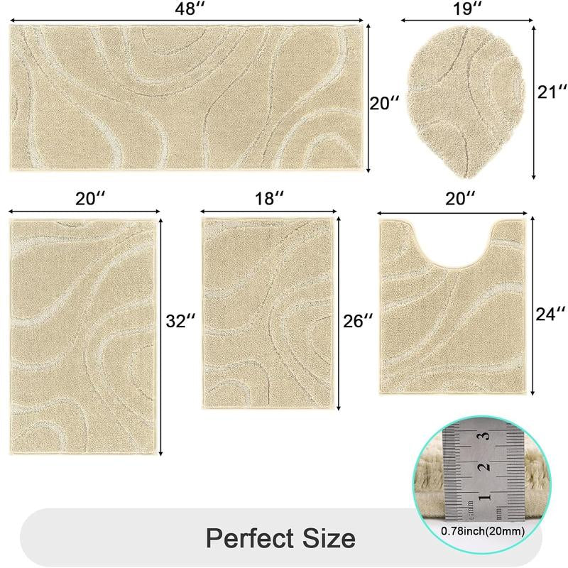 [Blackfriday&Cybermonday] HEBE Washable Bathroom Rugs Sets 5 Piece, Soft Absorbent Microfiber Bath Mat for Bathroom, Non Slip Washable Bath Rug Set with Toilet Cover, Bath Runner and U-Shaped Contour Toilet Rug