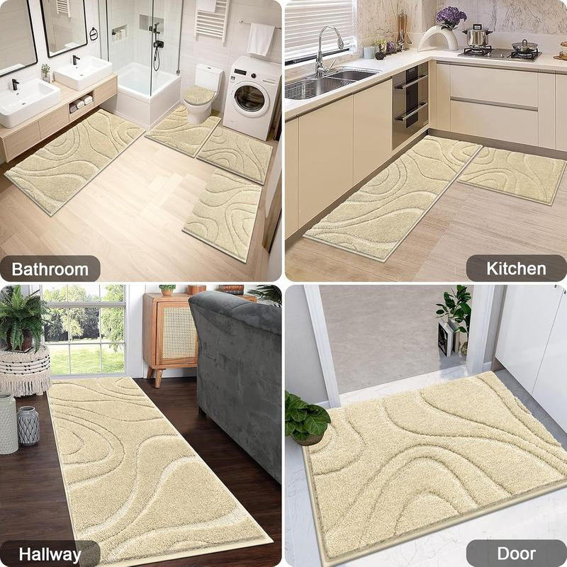[Blackfriday&Cybermonday] HEBE Washable Bathroom Rugs Sets 5 Piece, Soft Absorbent Microfiber Bath Mat for Bathroom, Non Slip Washable Bath Rug Set with Toilet Cover, Bath Runner and U-Shaped Contour Toilet Rug