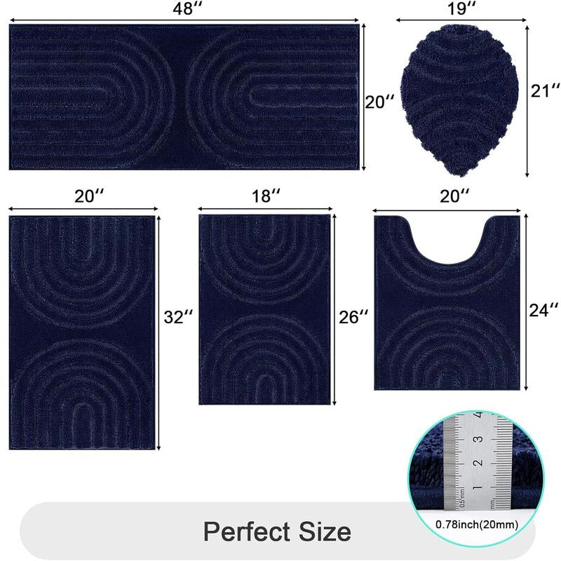 [Blackfriday&Cybermonday] HEBE Washable Bathroom Rugs Sets 5 Piece, Soft Absorbent Microfiber Bath Mat for Bathroom, Non Slip Washable Bath Rug Set with Toilet Cover, Bath Runner and U-Shaped Contour Toilet Rug