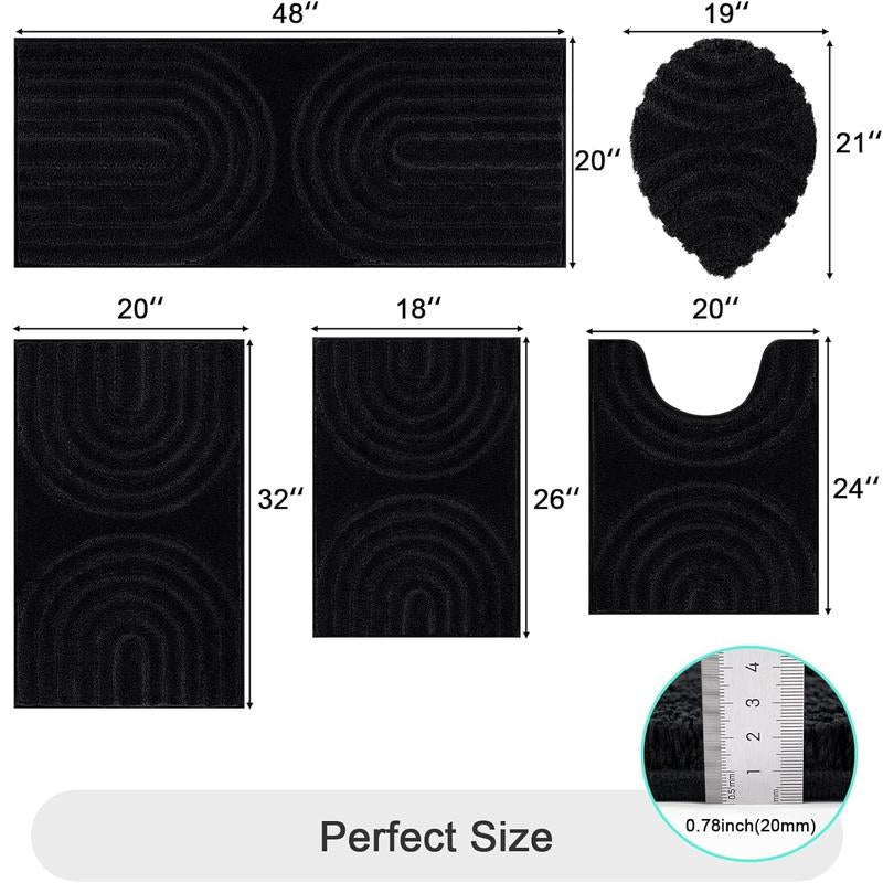 [Blackfriday&Cybermonday] HEBE Washable Bathroom Rugs Sets 5 Piece, Soft Absorbent Microfiber Bath Mat for Bathroom, Non Slip Washable Bath Rug Set with Toilet Cover, Bath Runner and U-Shaped Contour Toilet Rug