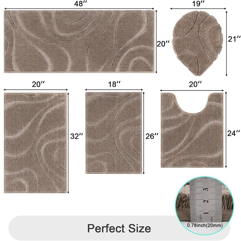 [Blackfriday&Cybermonday] HEBE Washable Bathroom Rugs Sets 5 Piece, Soft Absorbent Microfiber Bath Mat for Bathroom, Non Slip Washable Bath Rug Set with Toilet Cover, Bath Runner and U-Shaped Contour Toilet Rug