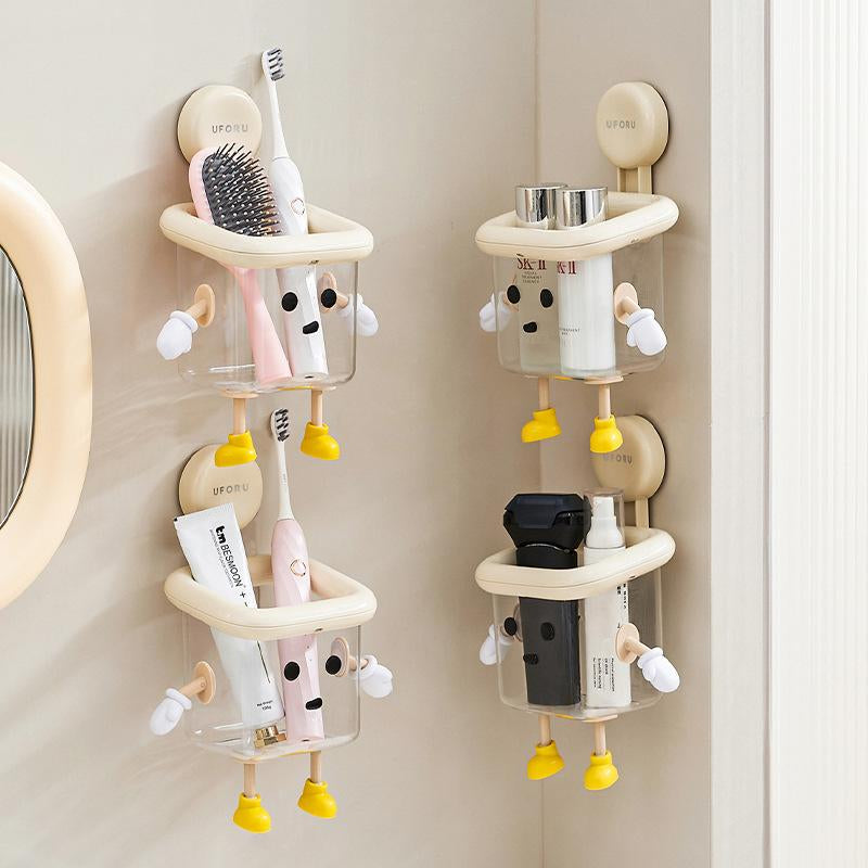 UFORU Wall Mounted Toothbrush Holder, Suction Cup Design Toothbrush Storage Rack, Multifunctional Transparent Container for Bathroom, Bottles, Organizer Wall Decor